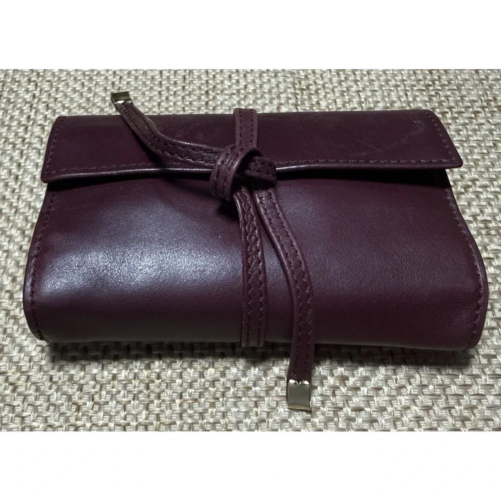 Mark Cross Leather Tri Fold Travel Pouch Burgundy Tie Lux Jewelry Roll Organizer